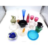 A small quantity of mostly coloured glass including a cut glass cranberry scent bottle (no stopper)