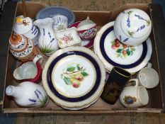 A quantity of china including lavender decanter, vases, honey pot, Royal Crown Derby posies etc.