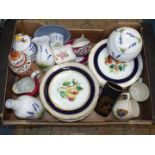 A quantity of china including lavender decanter, vases, honey pot, Royal Crown Derby posies etc.