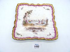 A 19th century Sceaux small Tray, painted with a landscape scene, 8" square.