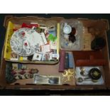 A box of miscellaneous collectibles including old spoons, forks, matches, camera lens etc.