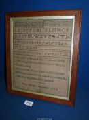 A framed Sampler by Mary Savage 1834 with alphabet and a prayer, 12" x 10".
