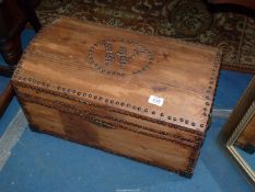 A Pine domed top Trunk of small dimensions, studded and with the initial W to the top,