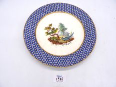 An 18th century Sevres plate painted with exotic birds within an oeil de perdrix border,