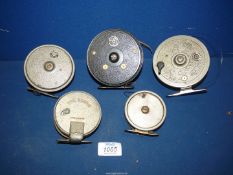 Five metal Fishing reels including three by J.W. Young & Sons, "The Bijou" and one other.