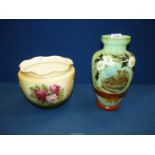 A floral pattern Jardiniere and a turquoise ground Glass Vase, 12'' tall.