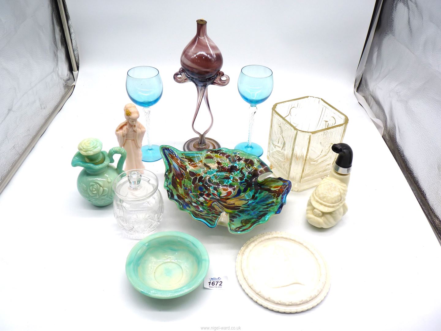 A quantity of glassware including two blue hock glasses with spiral twist stems, multicoloured dish,