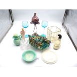 A quantity of glassware including two blue hock glasses with spiral twist stems, multicoloured dish,