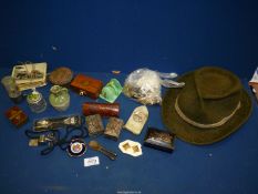 A small quantity of miscellanea including a green French beret, small boxes, costume jewellery, etc.