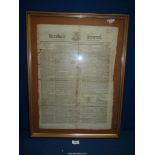 A framed Hereford Journal page dated 1820, 19 1/2" x 25 1/2".