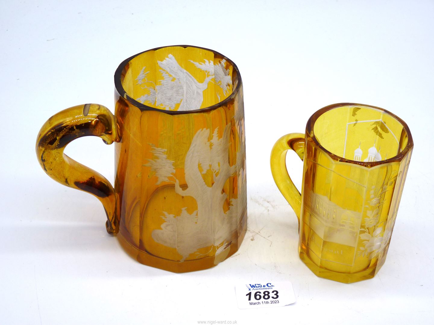 Two amber glass Tankards, the smaller one being Waisbaden, the larger one a/f. - Image 2 of 2