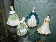 Three Royal Doulton figures 'Regal Lady', 'Soiree' and 'Fair Maiden' and a Coalport figure 'Angela'.