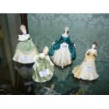 Three Royal Doulton figures 'Regal Lady', 'Soiree' and 'Fair Maiden' and a Coalport figure 'Angela'.