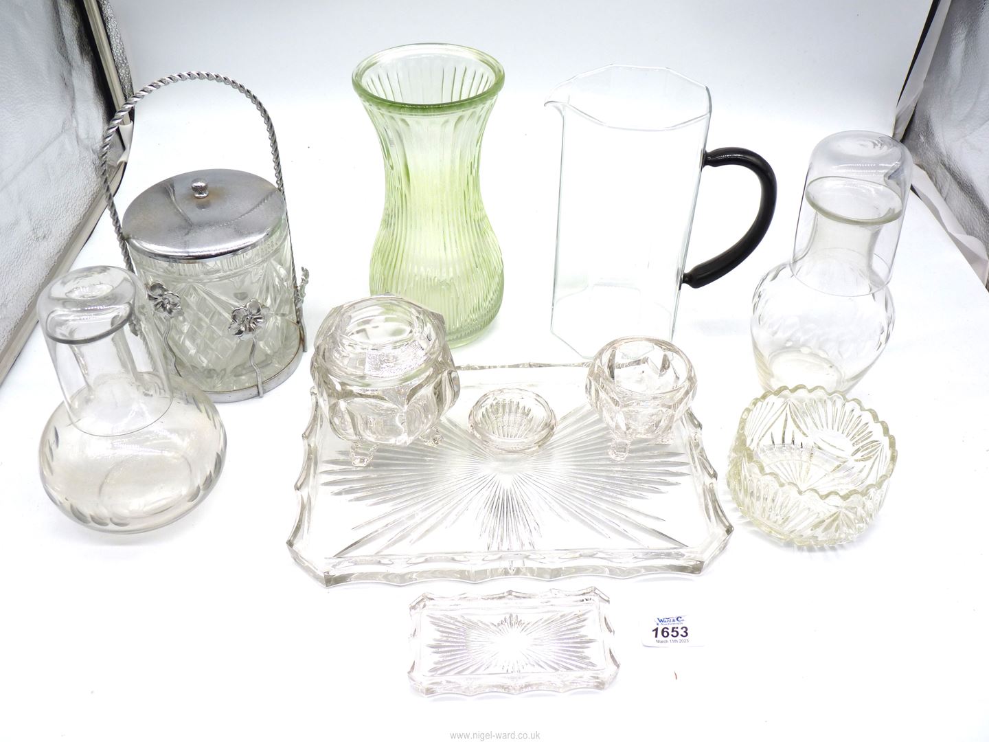 A small quantity of glass including part dressing table set, carafe, biscuit barrel etc.