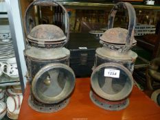 Two old BRW Railway lamps, glass intact, 12 1/2'' tall.