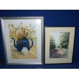 A framed and mounted oil painting still life of a blue teapot with flowers and a vase,