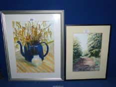 A framed and mounted oil painting still life of a blue teapot with flowers and a vase,