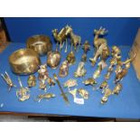 A quantity of brass animals including heavy Bulldog head, Giraffe, Dolphins etc.