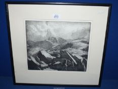 A David Woodford etching of a mountainous Welsh landscape.