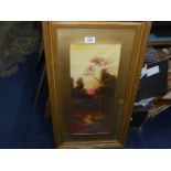 A framed and mounted oil painting of a woodland scene at sunset, no visible signature,