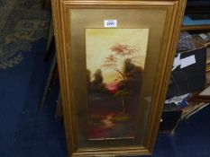 A framed and mounted oil painting of a woodland scene at sunset, no visible signature,