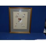 A framed and mounted watercolour study of a white and tan Terrier in various poses,