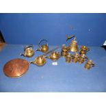 A copper Chestnut roaster together with miscellaneous brass jugs, small teapots, etc.