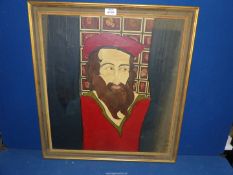 A framed oil on board of a gentleman in a red robe and cap, 22 1/4'' x 24''.