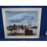 A framed oil on board (possibly Dutch) depicting a harbour scene, signed lower right Remick,