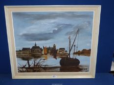 A framed oil on board (possibly Dutch) depicting a harbour scene, signed lower right Remick,