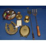 A quantity of brass including candlesticks, trivet,