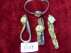 Four ladies wristwatches including Everite, Ingersoll, Medena (no face cover), plus another.