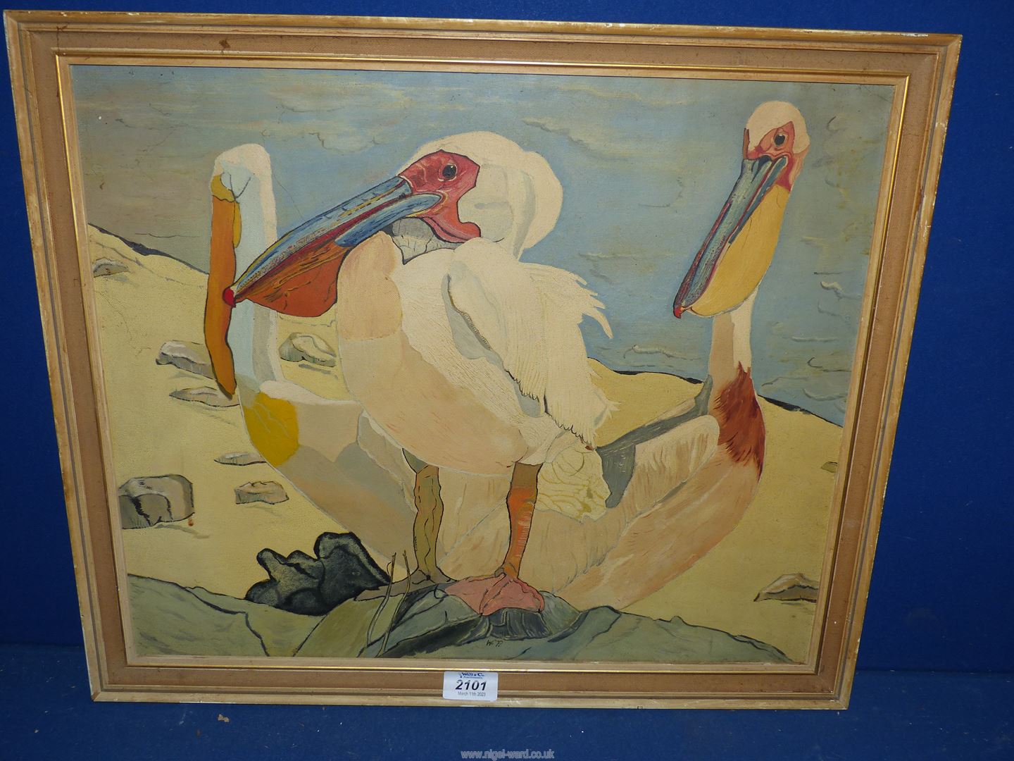 A framed oil on canvas labelled verso 'Great White Pelican's Rift Valley Africa 1981 initialled