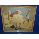 A framed oil on canvas labelled verso 'Great White Pelican's Rift Valley Africa 1981 initialled