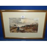 A framed and mounted Lithograph of a shepherd and his dog walking his sheep down a country lane,