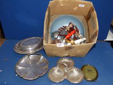 A quantity of silver plate including mixed wooden handled cutlery, lidded serving dish, etc.