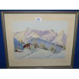 A framed and mounted watercolour of a Swiss chalet high up in snow covered mountains,