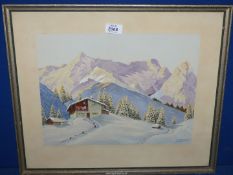 A framed and mounted watercolour of a Swiss chalet high up in snow covered mountains,