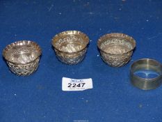 Three Victorian silver salts, London 1888 and a sterling silver napkin ring.