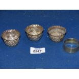 Three Victorian silver salts, London 1888 and a sterling silver napkin ring.