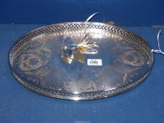 A plated galleried tray, 15'' and plated baby feeder and pusher.