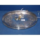 A plated galleried tray, 15'' and plated baby feeder and pusher.