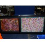 Two large original acrylic abstract paintings in black frames, no visible signatures, 107cm x 79cm.