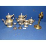 A silver plated Tea and Coffee set, brass candlesticks etc.