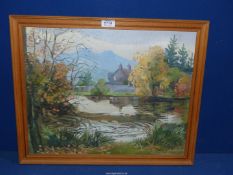 An oil on board of Pysgodlyn Farm and Pond by P.