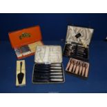 Five cased sets of plated and other cutlery including pastry forks, steak knives etc,