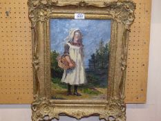 An ornate gilt framed oil on canvas of a young girl wearing a white pinafore and bonnet and