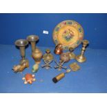 A small quantity of mixed metals including chambersticks, vases, mini copper kettle,