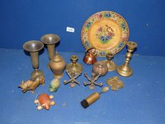 A small quantity of mixed metals including chambersticks, vases, mini copper kettle,