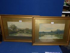 Two framed and mounted unsigned Lithographs of country landscapes, 25'' x 18 3/4''.